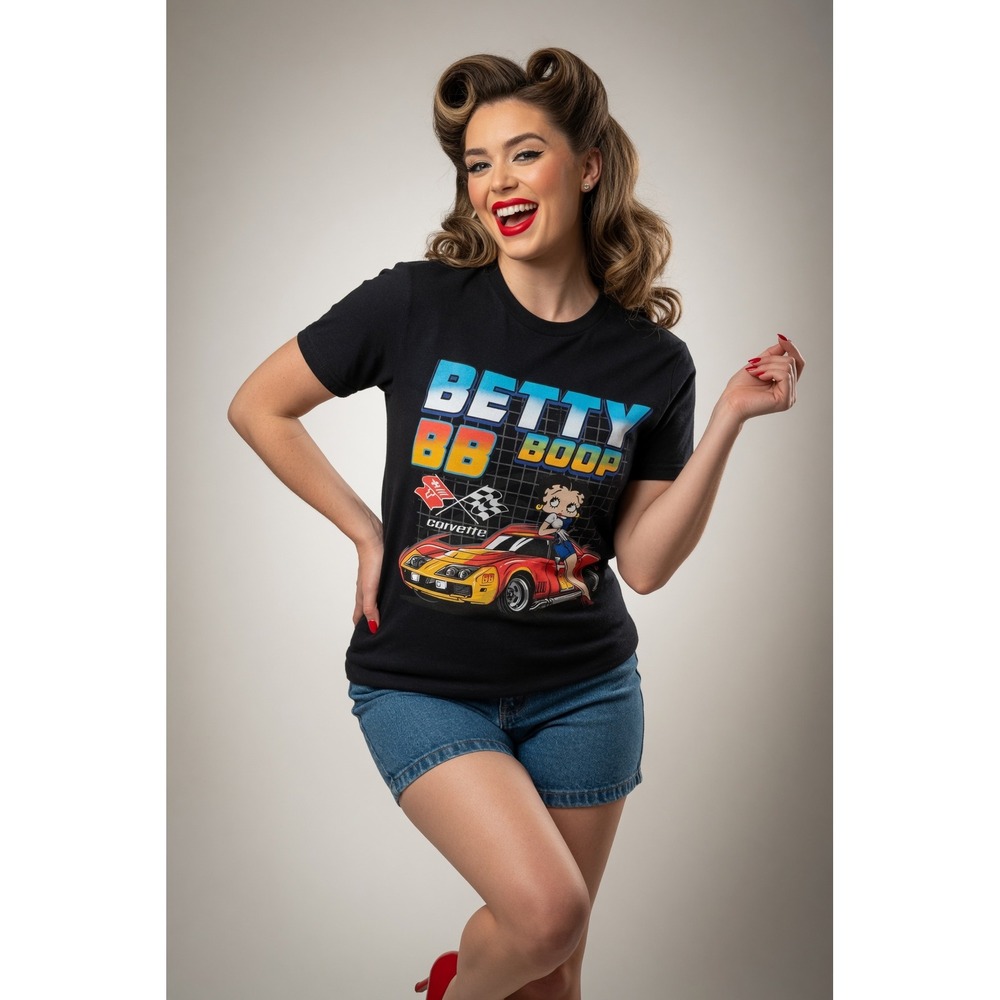 Fleischer Studios T-Shirt Womens M Black Graphic Cotton Betty Boop Corvette Tee